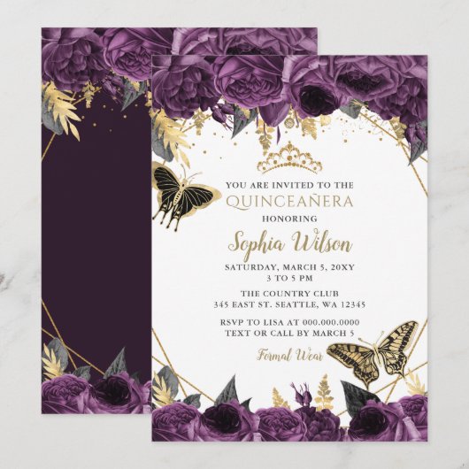 Invitation Papillon floral pourpre or Quinceañera (Devant / Derrière)