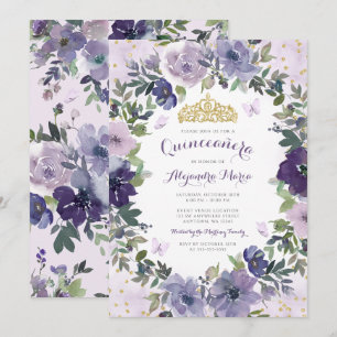 Invitation Papillon floral pourpre Or Tiara Quinceanera