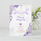 Invitation Papillon floral pourpre première sainte communion (Debout devant)