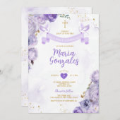 Invitation Papillon floral pourpre première sainte communion (Devant / Derrière)