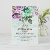 Invitation Papillon floral pourpre vert à la menthe 90e anniv (Debout devant)