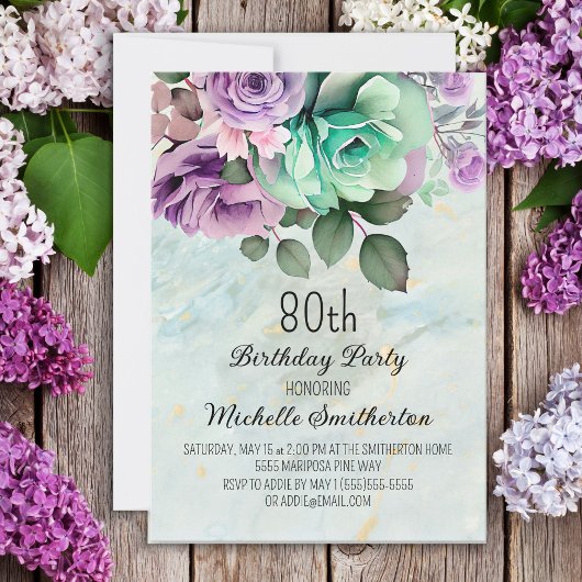 Invitation Papillon floral pourpre vert Mint 80e anniversaire
