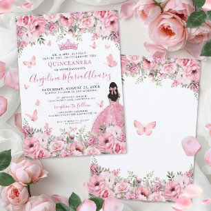 Invitation Papillon Floral Quinceanera Rose Foncé