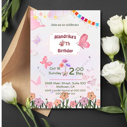 Invitation Papillon floral rose et blanc 4ème anniversaire mo