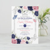 Invitation Papillon Floral Rose Et Marine Quinceañera (Debout devant)