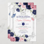 Invitation Papillon Floral Rose Et Marine Quinceañera (Devant / Derrière)