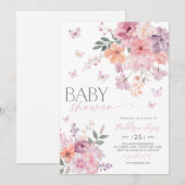 Invitation Papillon floral rose Pêche violet Baby shower (Devant / Derrière)