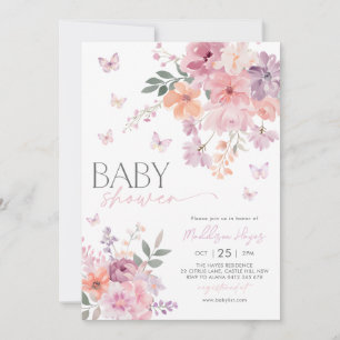 Invitation Papillon floral rose Pêche violet Baby shower