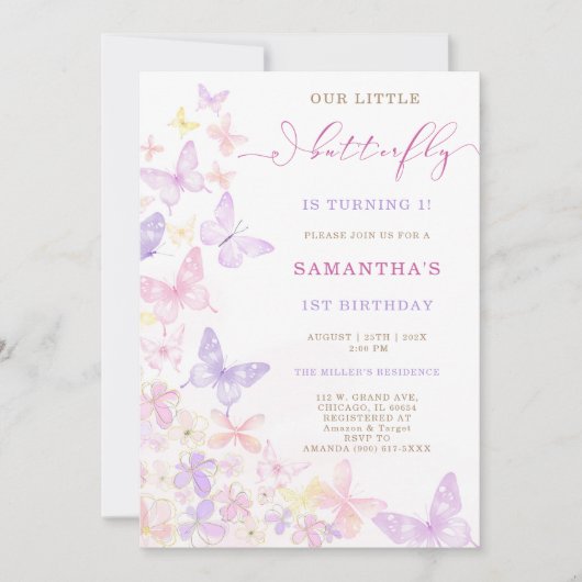 Invitation Papillon floral rose pourpre Anniversaire (Devant)