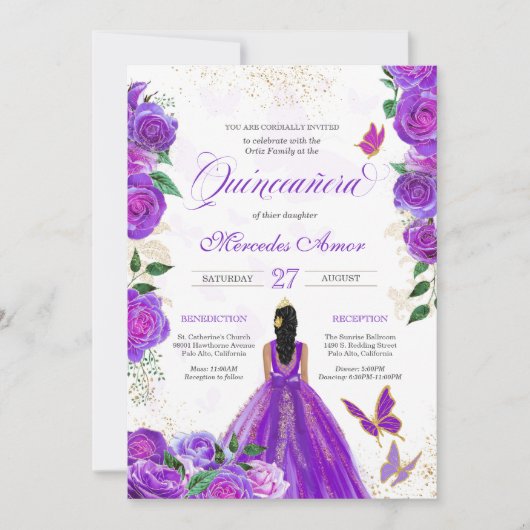 Invitation Papillon Floral Rose pourpre Mariposa Quinceanera (Devant)