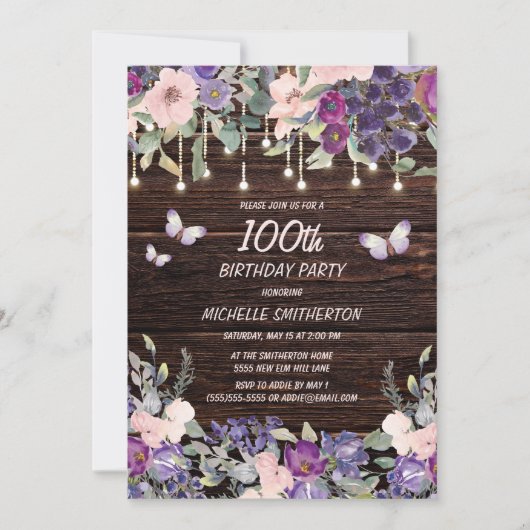 Invitation Papillon floral rose pourpre Rustique 100e anniver (Devant)