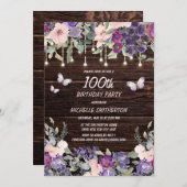 Invitation Papillon floral rose pourpre Rustique 100e anniver (Devant / Derrière)