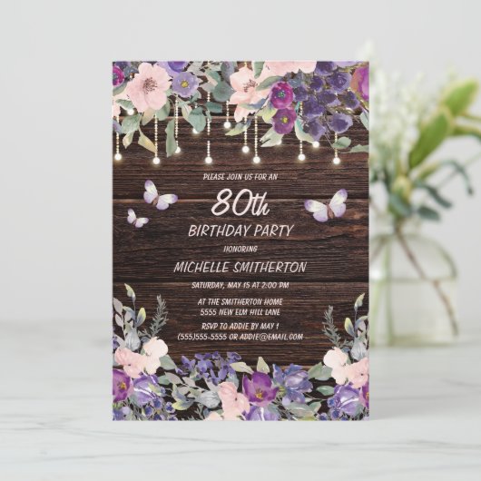 Invitation Papillon floral rose pourpre Rustique 80e annivers (Debout devant)