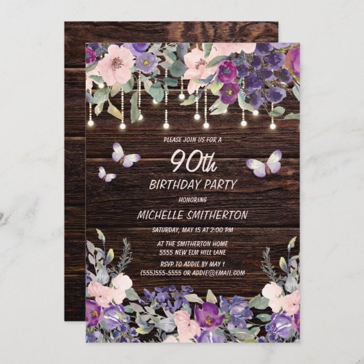 Invitation Papillon floral rose pourpre Rustique 90e annivers (Devant / Derrière)