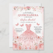 Invitation Papillon floral rose rose pâle Quinceañera (Devant)
