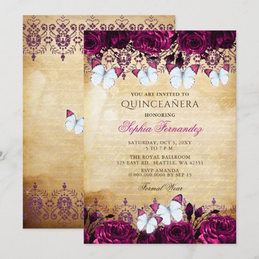 Invitation Papillon floral rose vintage Quinceañera (Devant / Derrière)