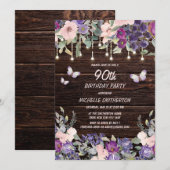 Invitation Papillon Floral Rose Violet 90e Anniversaire (Devant / Derrière)