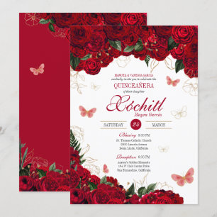 Invitation Papillon floral rouge et or élégant Quinceanera