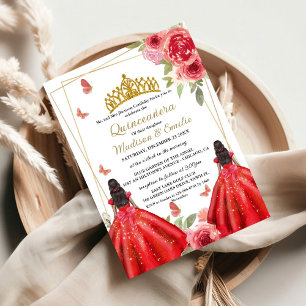 Invitation Papillon floral rouge et or Twin Quinceanera