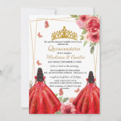 Invitation Papillon floral rouge et or Twin Quinceanera (Devant)