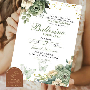Invitation Papillon floral vert Sage Quinceanera