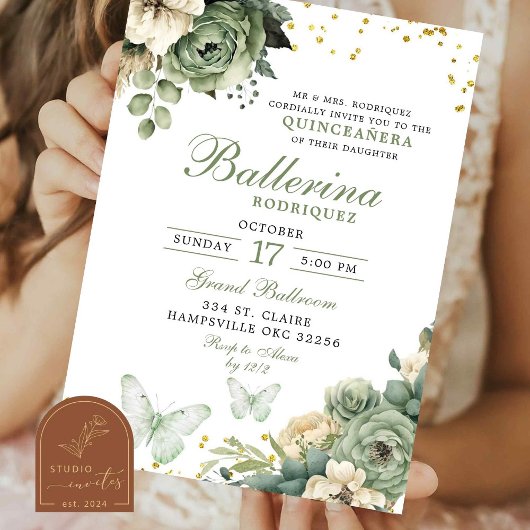 Invitation Papillon floral vert Sage Quinceanera