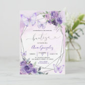 Invitation Papillon floral violet géométrique espagnol Bautiz (Debout devant)