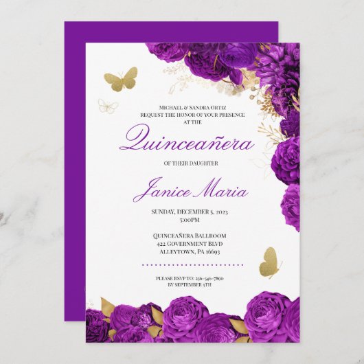 Invitation Papillon Floral Violet Or Élégant Quinceañera (Devant / Derrière)