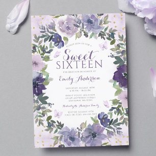 Invitation Papillon Floral Violet Or Fête Douce 16