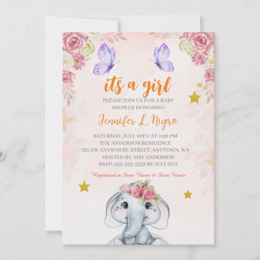 Invitation Papillon floral violet rose ET elophant (Devant)