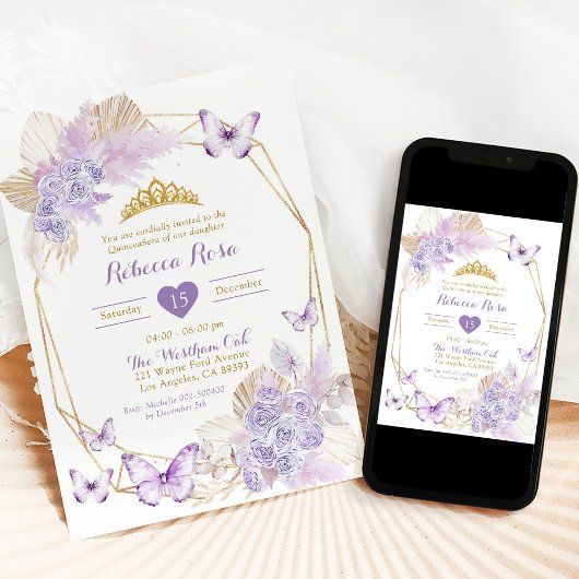Invitation Papillon géométrique Boho violet Quinceañera