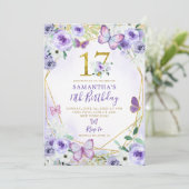 Invitation Papillon géométrique violet et or 17e anniversaire (Debout devant)