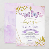 Invitation Papillon géométrique violet et or Baptême Invita (Devant / Derrière)