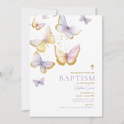 Invitation Papillon Gold Girl Baptism Gold Cross Flowers (Devant)