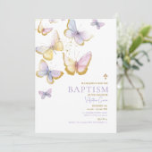Invitation Papillon Gold Girl Baptism Gold Cross Flowers (Debout devant)