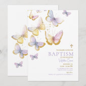Invitation Papillon Gold Girl Baptism Gold Cross Flowers (Devant / Derrière)