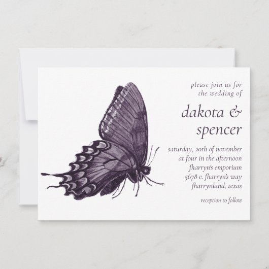 Invitation Papillon gothique violet | Mariage foncé moderne (Devant)
