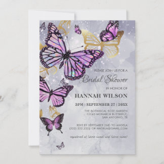 Invitation Papillon gris-or violet Fête des mariées élégante