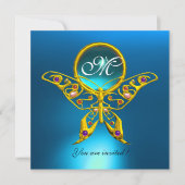 Invitation PAPILLON HYPER MONOGRAMME, bleu turquoise aigue-ma (Devant)