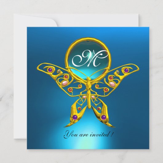 Invitation PAPILLON HYPER MONOGRAMME, bleu turquoise aquamari (Devant)