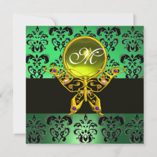Invitation PAPILLON HYPER MONOGRAMME, damassé vert, gemme jau
