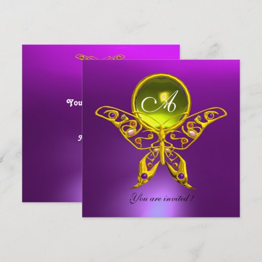 Invitation PAPILLON HYPER MONOGRAMME, topaze jaune , violet (Devant / Derrière)
