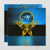 Invitation PAPILLON HYPER MONOGRAMME, vagues saphir bleu (Devant / Derrière)