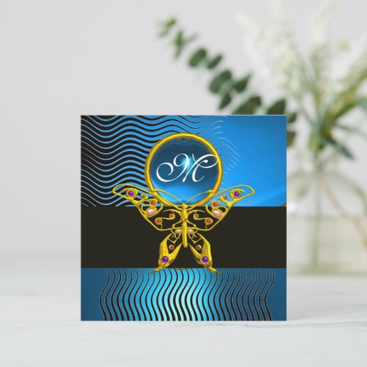 Invitation PAPILLON HYPER MONOGRAMME, vagues saphir bleu (Debout devant)