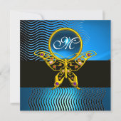 Invitation PAPILLON HYPER MONOGRAMME, vagues saphir bleu (Devant)