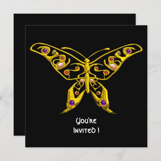 Invitation PAPILLON HYPER OR, GEMMES Mariage Noir (Devant / Derrière)