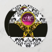 Invitation PAPILLON HYPERE ROSE MONOGRAMME, damassé noir blan (Devant / Derrière)