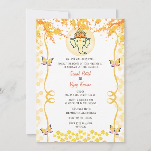 Invitation Papillon indien hindou Mariage Ganesha (Devant)