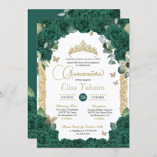 Invitation Papillon Jade Green Rose et Gold Quinceanera