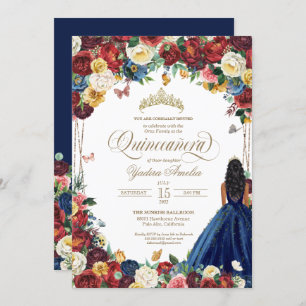 Invitation Papillon Jardin Bourgogne bleu Floral Quinceanera 